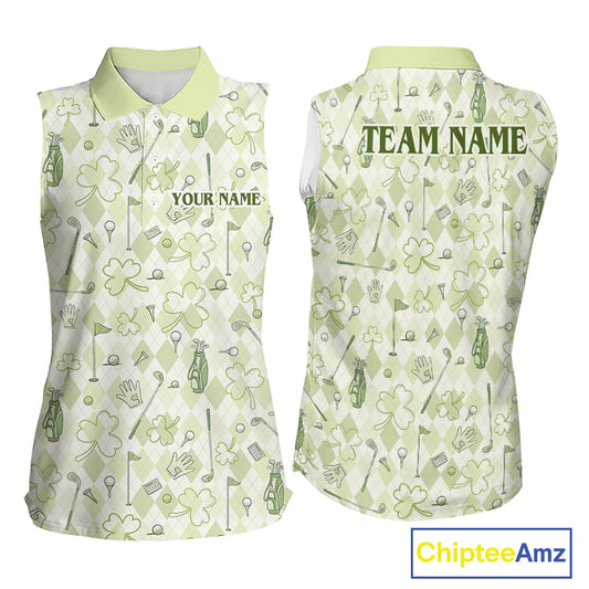 Custom Women's Sleeveless Golf Polo Shirt Lucky Shamrock Argyle Pattern Personalized Team Name