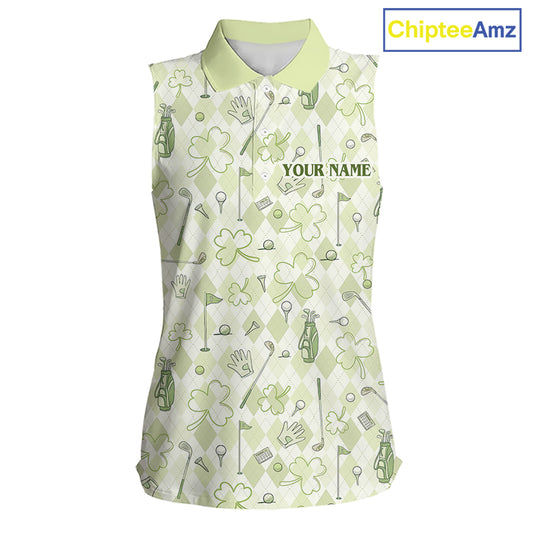 Custom Women's Sleeveless Golf Polo Shirt Lucky Shamrock Argyle Pattern Personalized Team Name|Green NHT969 - Women's Slee...