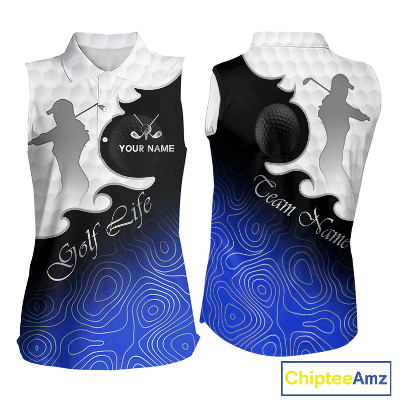 Custom Sleeveless Womens Golf Polo Shirt Blue Black Gradient, Personalized Name Golf Shirt, Gift For Golfer NHT826