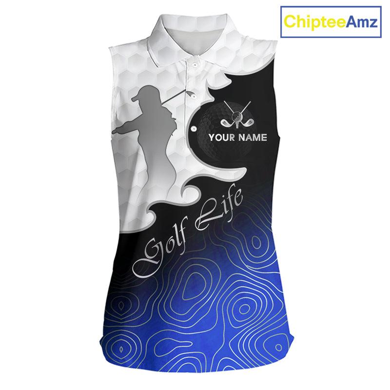 Custom Sleeveless Womens Golf Polo Shirt Blue Black Gradient, Personalized Name Golf Shirt, Gift For Golfer NHT826