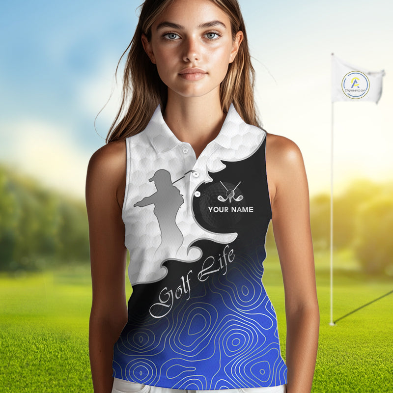 Custom Sleeveless Womens Golf Polo Shirt Blue Black Gradient, Personalized Name Golf Shirt, Gift For Golfer NHT826