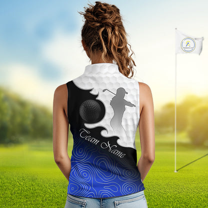 Custom Sleeveless Womens Golf Polo Shirt Blue Black Gradient, Personalized Name Golf Shirt, Gift For Golfer NHT826