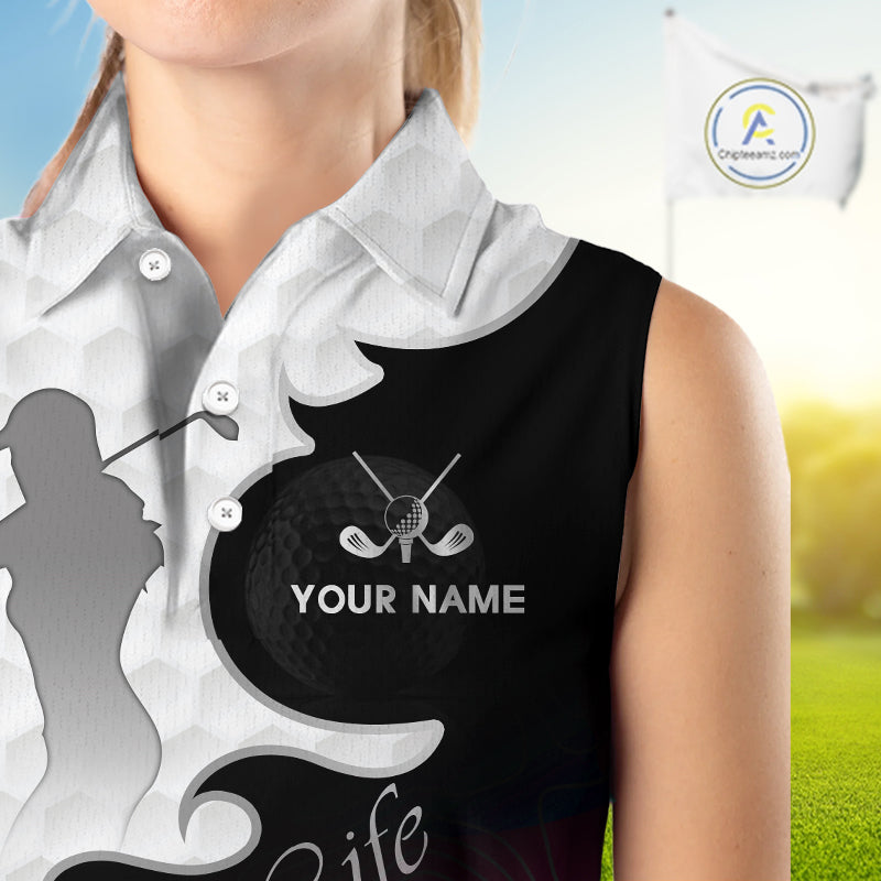 Custom Sleeveless Womens Golf Polo Shirt Blue Black Gradient, Personalized Name Golf Shirt, Gift For Golfer NHT826