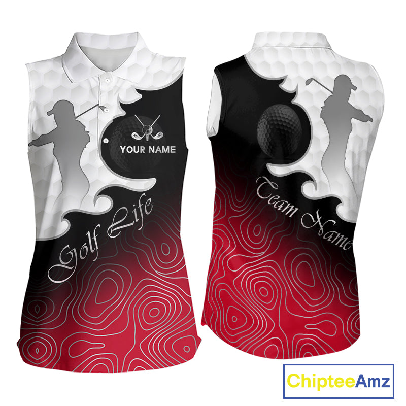 Custom Sleeveless Womens Golf Polo Shirt Red Black Gradient, Personalized Name Golf Shirt, Gift For Golfer NHT827