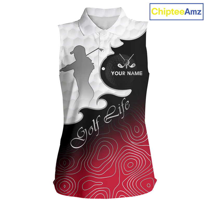Custom Sleeveless Womens Golf Polo Shirt Red Black Gradient, Personalized Name Golf Shirt, Gift For Golfer NHT827