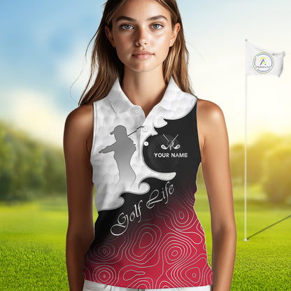 Custom Sleeveless Womens Golf Polo Shirt Red Black Gradient, Personalized Name Golf Shirt, Gift For Golfer NHT827