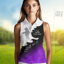 Load image into Gallery viewer, Custom Sleeveless Womens Golf Polo Shirt Purple Black Gradient, Personalized Name Golf Shirt, Gift For Golfer NHT828