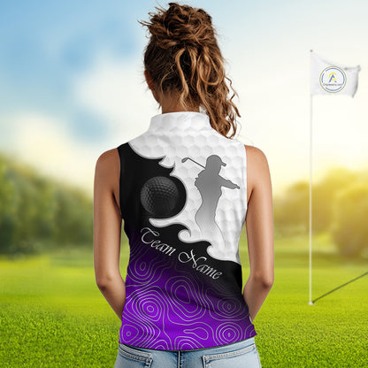 Custom Sleeveless Womens Golf Polo Shirt Purple Black Gradient, Personalized Name Golf Shirt, Gift For Golfer NHT828