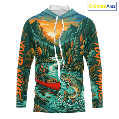 Trout Fishing 3D Long Sleeve Hooded Shirt Mountain River Landscape Fishing Apparel For Men 