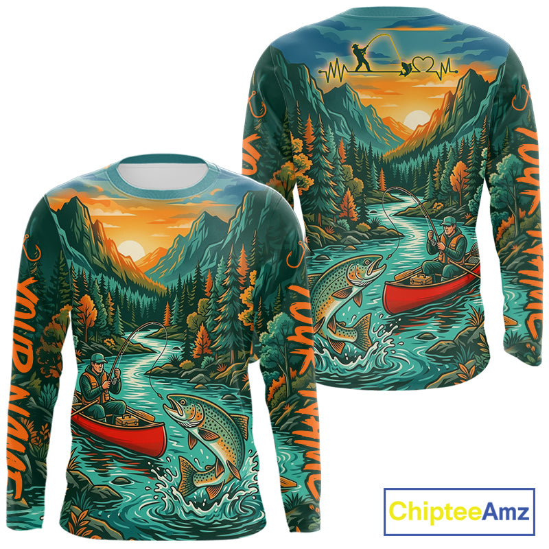 Long-sleeve shirt with nature-themed design featuring mountains, river, and fisherman, branded 'Chiptee Amz'.