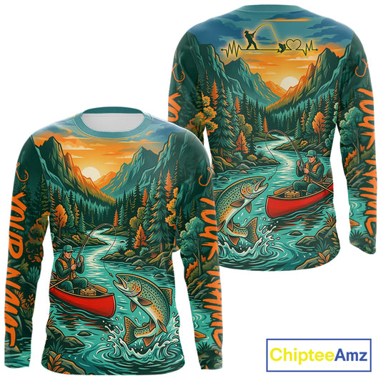 Long-sleeve shirt with nature-themed design featuring mountains, river, and fisherman, branded 'Chiptee Amz'.