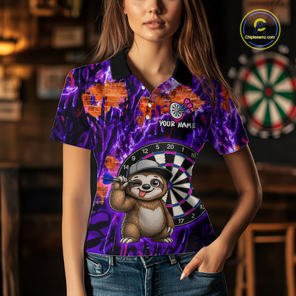 Person wearing a colorful shirt with a darts design and text 'Your Name' in a bar setting.