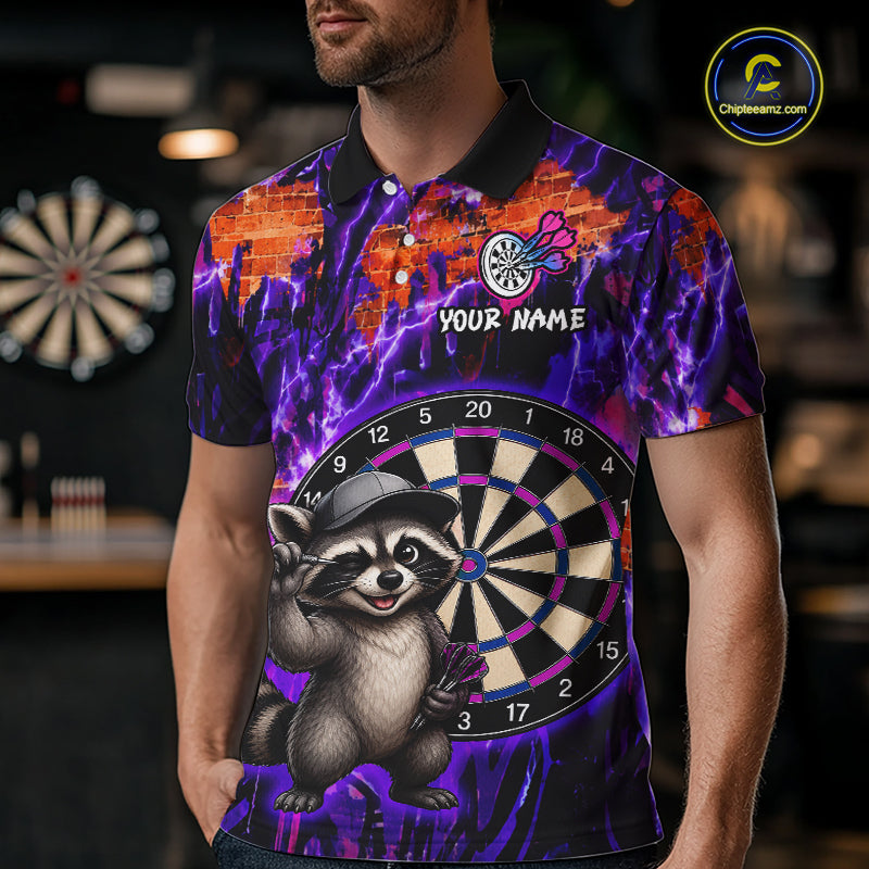 Person wearing a colorful polo shirt with a raccoon and dartboard design, in an indoor setting.