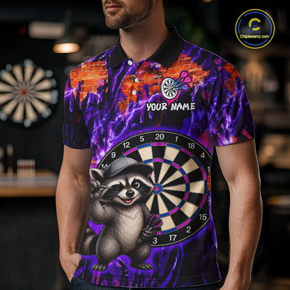Person wearing a colorful polo shirt with a raccoon and dartboard design, in an indoor setting.