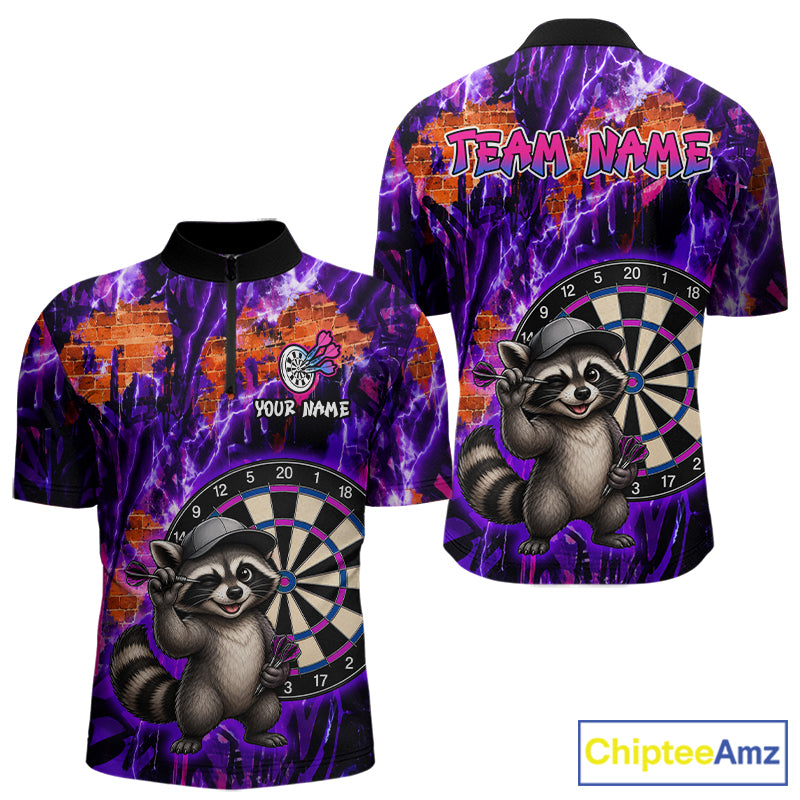 Purple sports jersey with raccoon design and customizable text on a white background