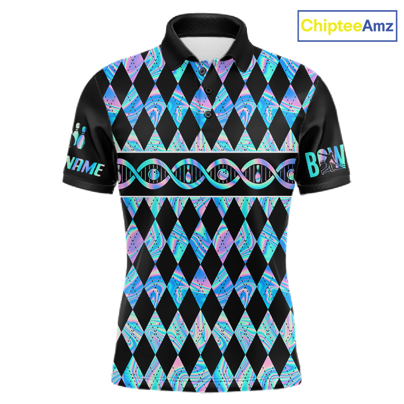 Men Custom Bowling DNA Polo Shirt, Personalized Bowling Team Name Shirt, Holo Argyle Bowling Jersey, Bowling League Uniform Gift NHT1421