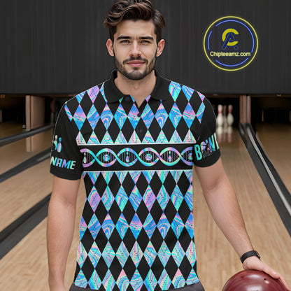 Men Custom Bowling DNA Polo Shirt, Personalized Bowling Team Name Shirt, Holo Argyle Bowling Jersey, Bowling League Uniform Gift NHT1421