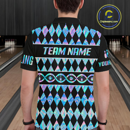 Men Custom Bowling DNA Polo Shirt, Personalized Bowling Team Name Shirt, Holo Argyle Bowling Jersey, Bowling League Uniform Gift NHT1421