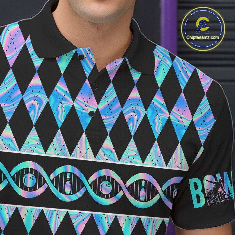 Men Custom Bowling DNA Polo Shirt, Personalized Bowling Team Name Shirt, Holo Argyle Bowling Jersey, Bowling League Uniform Gift NHT1421