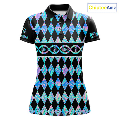 Women Custom Bowling DNA Polo Shirt, Personalized Bowling Team Name Shirt, Holo Argyle Bowling Jersey, Bowling League Uniform Gift NHT1421