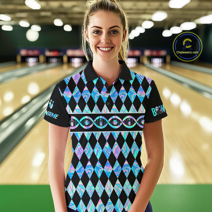 Women Custom Bowling DNA Polo Shirt, Personalized Bowling Team Name Shirt, Holo Argyle Bowling Jersey, Bowling League Uniform Gift NHT1421