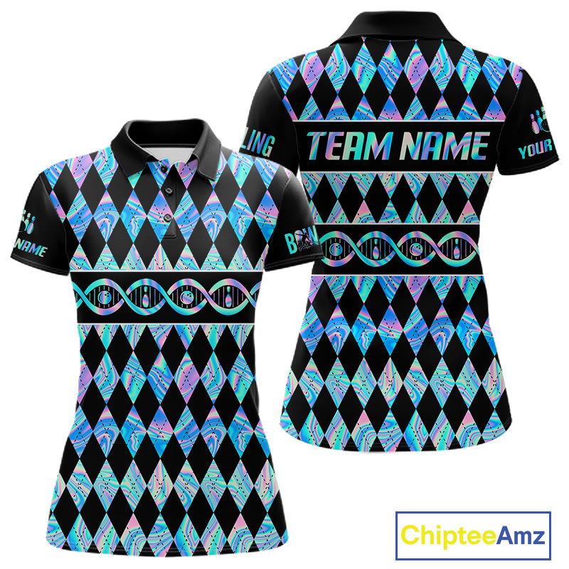 Women Custom Bowling DNA Polo Shirt, Personalized Bowling Team Name Shirt, Holo Argyle Bowling Jersey, Bowling League Uniform Gift NHT1421