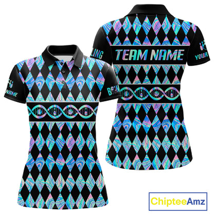 Women Custom Bowling DNA Polo Shirt, Personalized Bowling Team Name Shirt, Holo Argyle Bowling Jersey, Bowling League Uniform Gift NHT1421