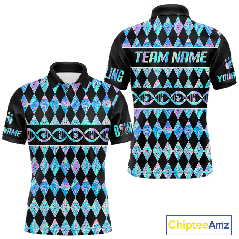 Men Custom Bowling DNA Polo Shirt, Personalized Bowling Team Name Shirt, Holo Argyle Bowling Jersey, Bowling League Uniform Gift NHT1421