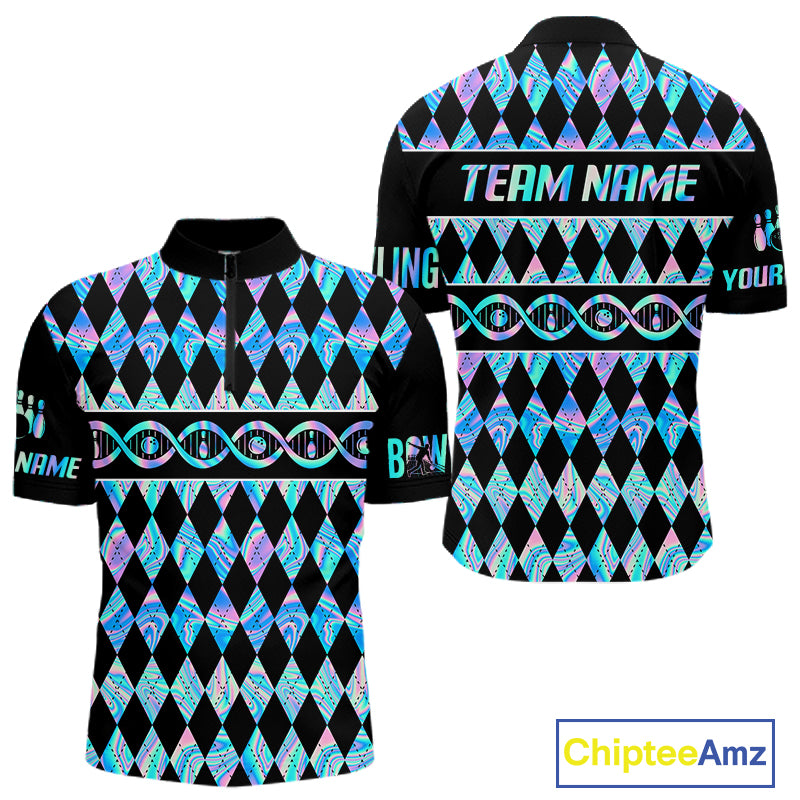 Men Custom Bowling DNA Polo Shirt, Personalized Bowling Team Name Shirt, Holo Argyle Bowling Jersey, Bowling League Uniform Gift NHT1421