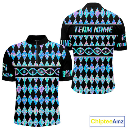 Men Custom Bowling DNA Polo Shirt, Personalized Bowling Team Name Shirt, Holo Argyle Bowling Jersey, Bowling League Uniform Gift NHT1421
