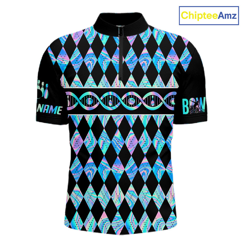 Men Custom Bowling DNA Polo Shirt, Personalized Bowling Team Name Shirt, Holo Argyle Bowling Jersey, Bowling League Uniform Gift NHT1421
