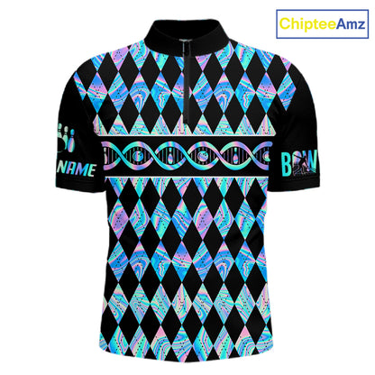 Men Custom Bowling DNA Polo Shirt, Personalized Bowling Team Name Shirt, Holo Argyle Bowling Jersey, Bowling League Uniform Gift NHT1421