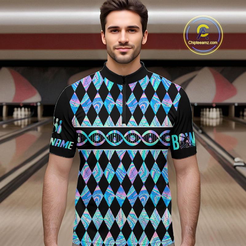 Men Custom Bowling DNA Polo Shirt, Personalized Bowling Team Name Shirt, Holo Argyle Bowling Jersey, Bowling League Uniform Gift NHT1421