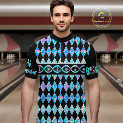 Men Custom Bowling DNA Polo Shirt, Personalized Bowling Team Name Shirt, Holo Argyle Bowling Jersey, Bowling League Uniform Gift NHT1421