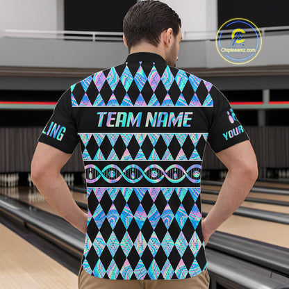 Men Custom Bowling DNA Polo Shirt, Personalized Bowling Team Name Shirt, Holo Argyle Bowling Jersey, Bowling League Uniform Gift NHT1421