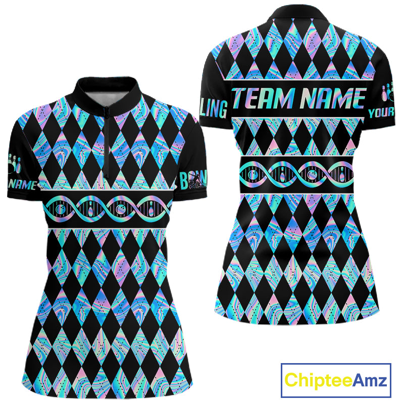 Women Custom Bowling DNA Polo Shirt, Personalized Bowling Team Name Shirt, Holo Argyle Bowling Jersey, Bowling League Uniform Gift NHT1421