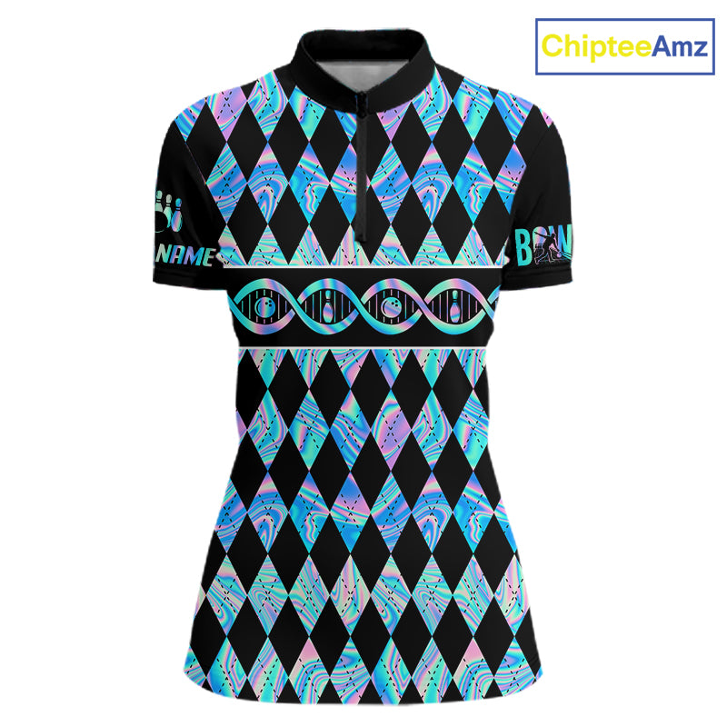 Women Custom Bowling DNA Polo Shirt, Personalized Bowling Team Name Shirt, Holo Argyle Bowling Jersey, Bowling League Uniform Gift NHT1421
