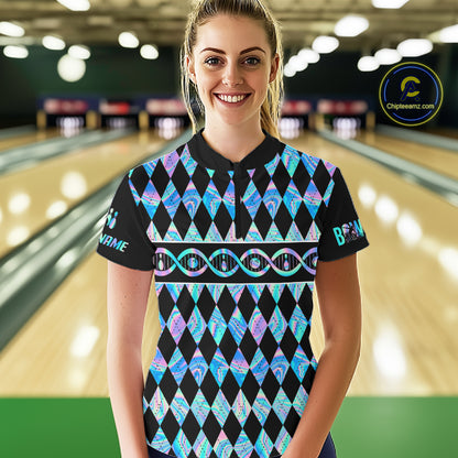 Women Custom Bowling DNA Polo Shirt, Personalized Bowling Team Name Shirt, Holo Argyle Bowling Jersey, Bowling League Uniform Gift NHT1421