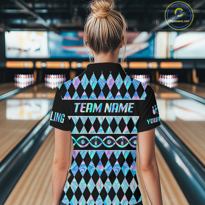 Women Custom Bowling DNA Polo Shirt, Personalized Bowling Team Name Shirt, Holo Argyle Bowling Jersey, Bowling League Uniform Gift NHT1421