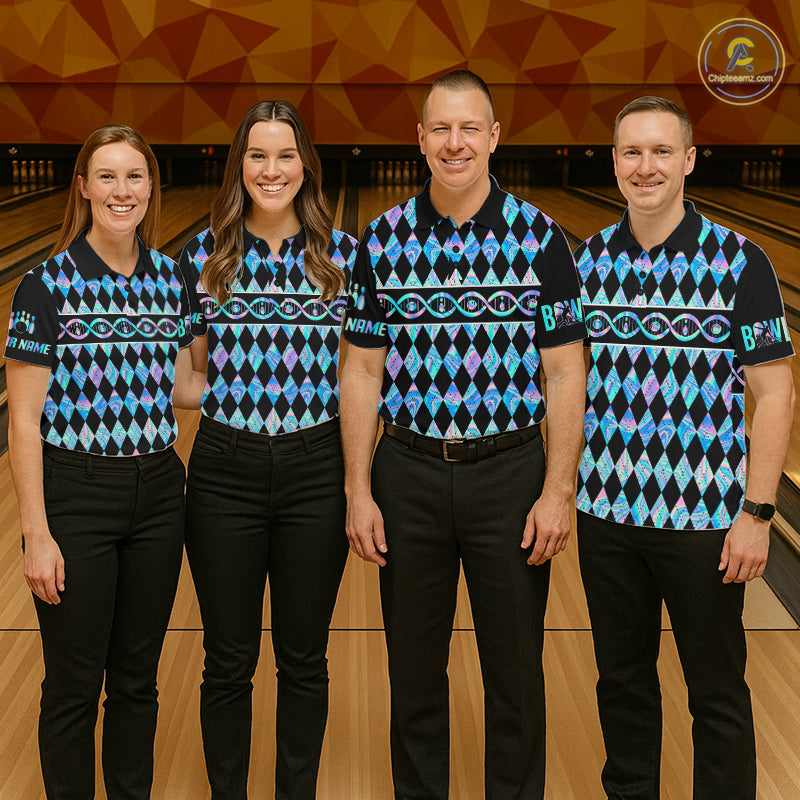 Women Custom Bowling DNA Polo Shirt, Personalized Bowling Team Name Shirt, Holo Argyle Bowling Jersey, Bowling League Uniform Gift NHT1421