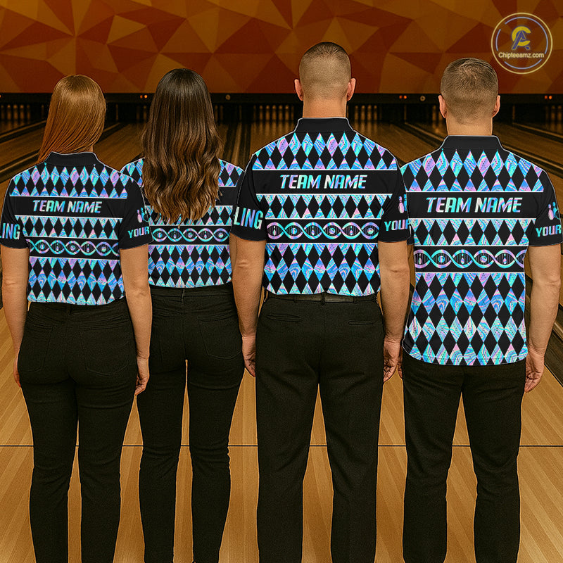 Women Custom Bowling DNA Polo Shirt, Personalized Bowling Team Name Shirt, Holo Argyle Bowling Jersey, Bowling League Uniform Gift NHT1421