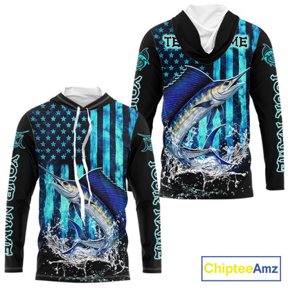 Custom Patriotic Sailfish Fishing Shirts Long Sleeve Hooded, Blue American Flag Sailfish Saltwater Fishing Shirt NHT616