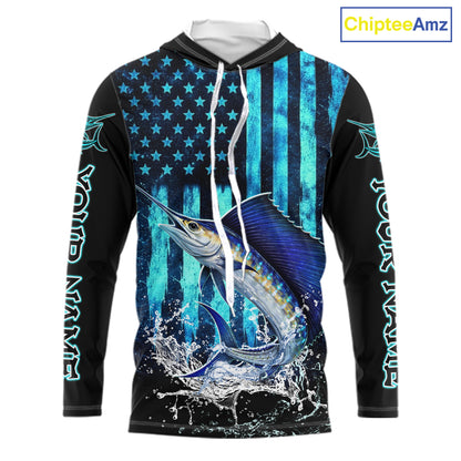 Custom Patriotic Sailfish Fishing Shirts Long Sleeve Hooded, Blue American Flag Sailfish Saltwater Fishing Shirt NHT616