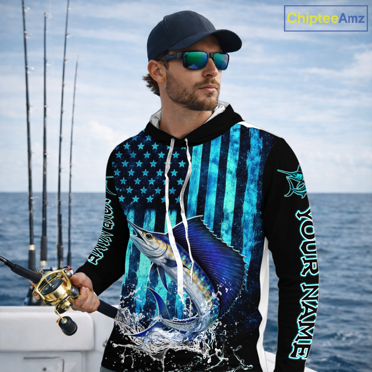 Custom Patriotic Sailfish Fishing Shirts Long Sleeve Hooded, Blue American Flag Sailfish Saltwater Fishing Shirt NHT616