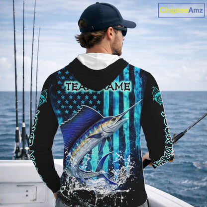 Custom Patriotic Sailfish Fishing Shirts Long Sleeve Hooded, Blue American Flag Sailfish Saltwater Fishing Shirt NHT616