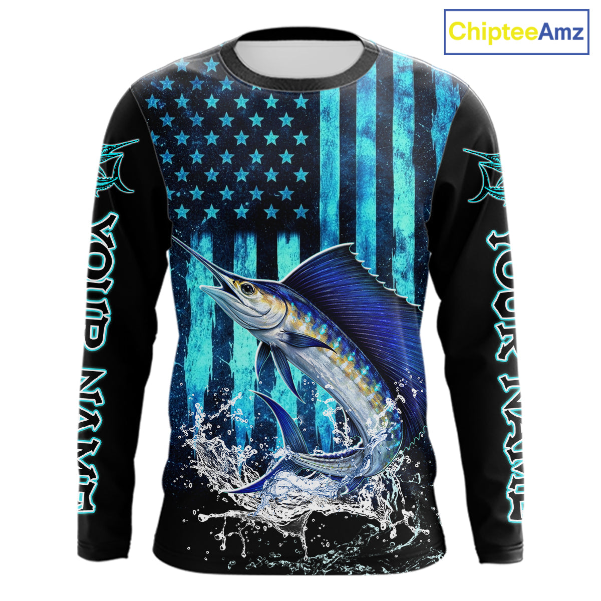 Custom Patriotic Sailfish Fishing Shirts Long Sleeve, Blue American Flag Sailfish Saltwater Fishing Shirt NHT616