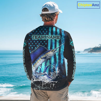 Custom Patriotic Sailfish Fishing Shirts Long Sleeve, Blue American Flag Sailfish Saltwater Fishing Shirt NHT616