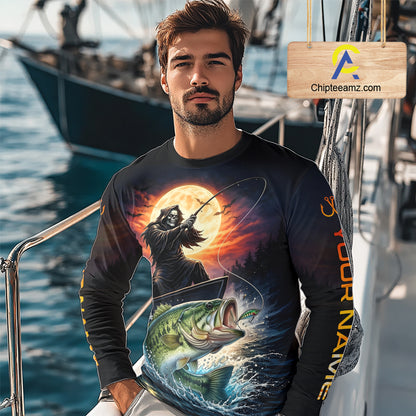 Personalized Fish Reaper Fishing Shirts Jerseys, Fish Reaper Sunset Bass Fishing Shirts Long Sleeve NHT829