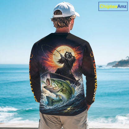 Personalized Fish Reaper Fishing Shirts Jerseys, Fish Reaper Sunset Bass Fishing Shirts Long Sleeve NHT829