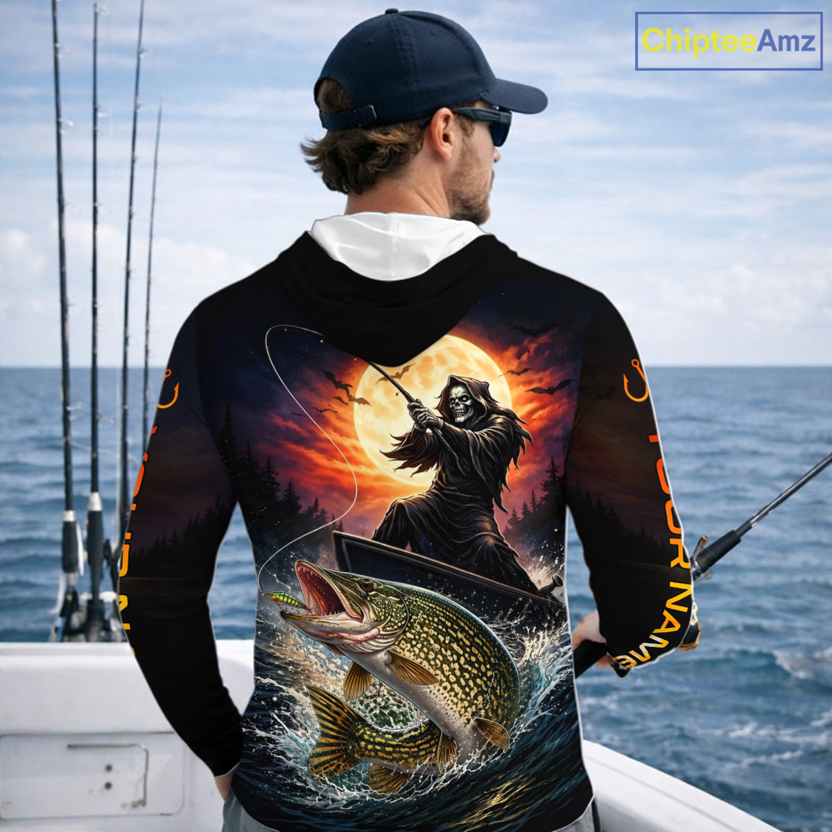 Personalized Fish Reaper Fishing Shirts Jerseys, Fish Reaper Sunset Pike Fishing Shirts Long Sleeve Hooded NHT830